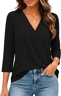 Bliwov レディース 七分袖 Vネック トップス ルーズフィット Tシャツ カジュアル ブラウス