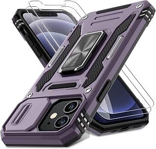 DEERLAMN Case for iPhone 12/12 Pro with Slide Camera Cover+Screen Protector(2 Packs),Rotated Ring Kickstand Military Grade Shockproof Protective Cover-Deep Purple