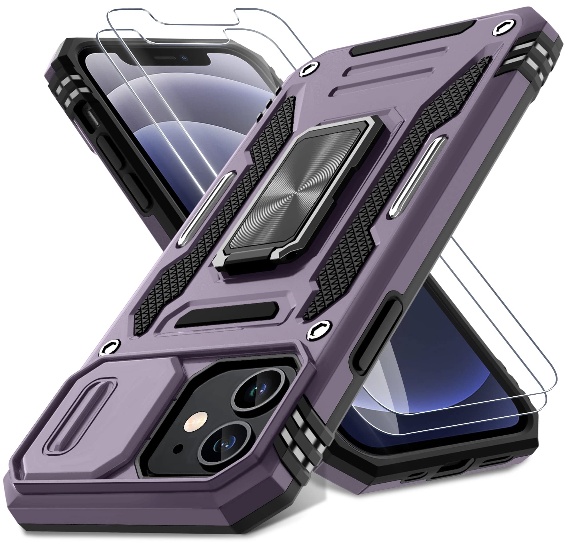 DEERLAMN Case for iPhone 12/12 Pro with Slide Camera Cover+Screen Protector(2 Pa