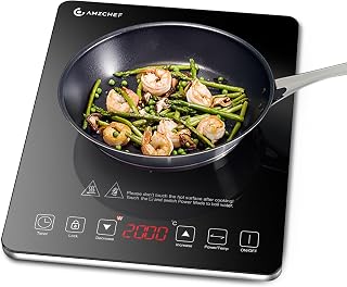 AMZCHEF Single Induction Cooker, Ultra-thin Induction Hob with Fashion Look, 20-level Power and Temperature Control, Black Frosted Glass Panel, Touch Sensor, 3-hour Timer, Safety Lock