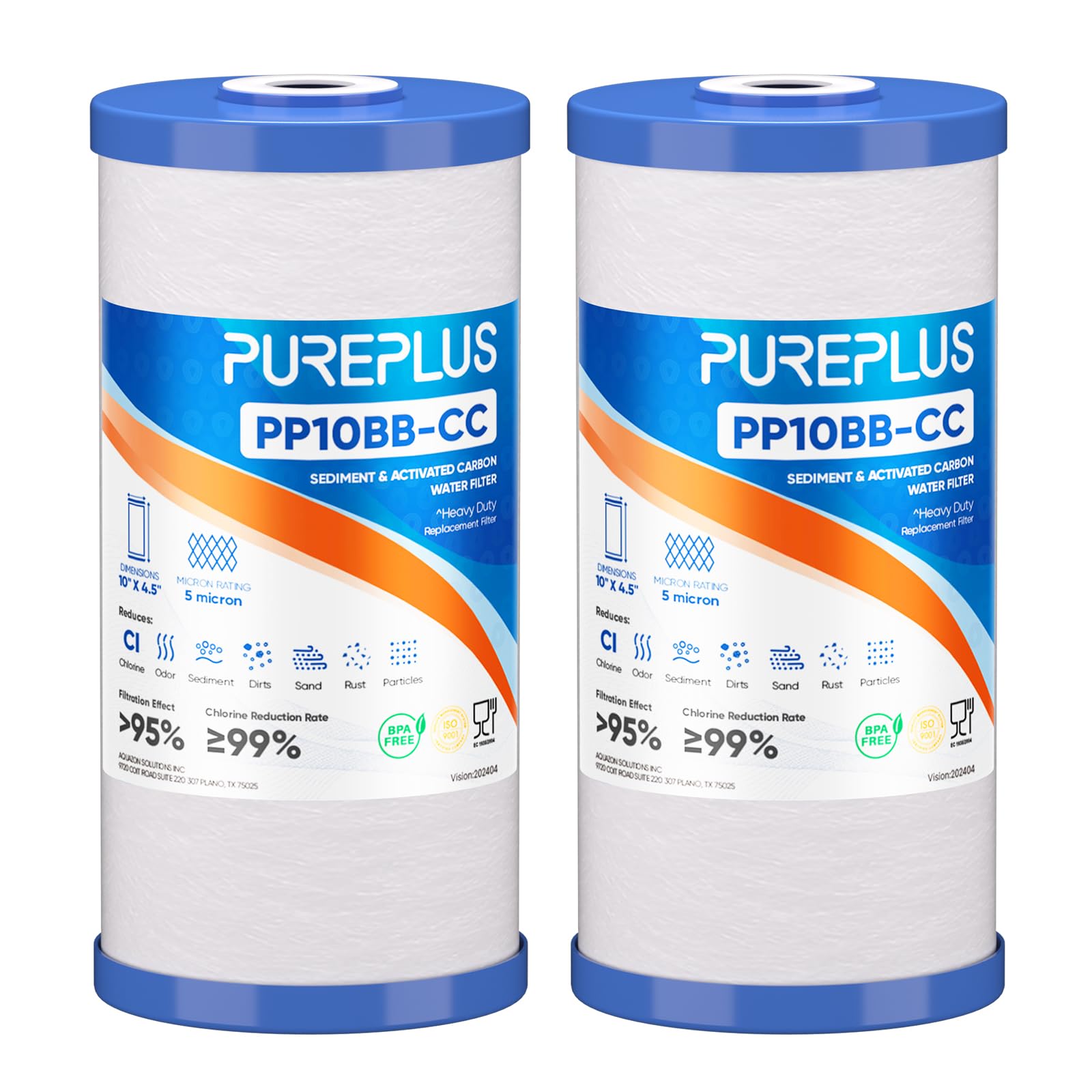 PUREPLUS 5 Micron 10"x4.5" Whole House Sediment & Carbon Water Filter,2PACK | PP