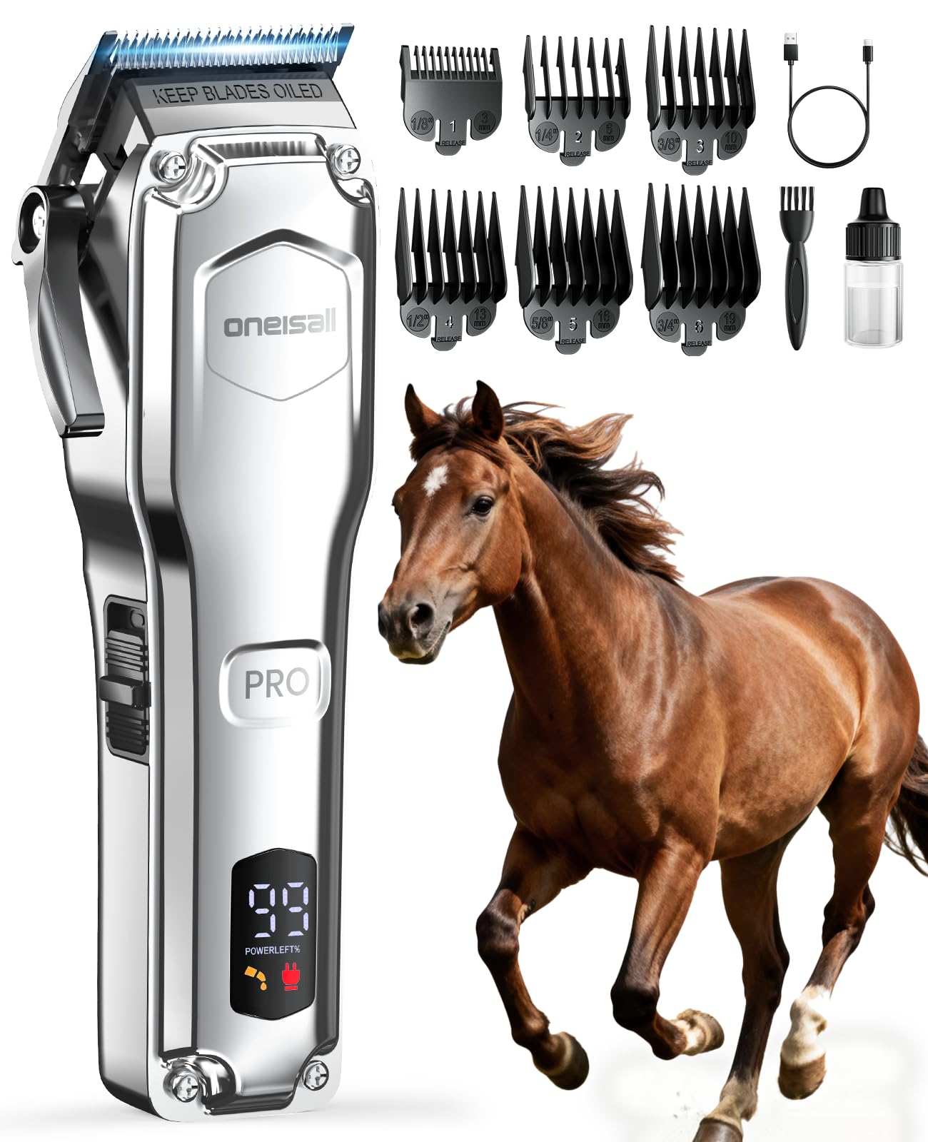 oneisall Cordless Horse Clippers for Thick/Long Hair | 6800RPM, Lightweight, Det