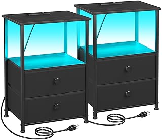 LOAKEKEL Night Stands Set 2, Bedside Table with Charging Station and LED | Nightstand with 2 AC Outlets and USB Port, End Table with 2 Fabric Drawers for Bedroom, Living Room, Black, HETS02BK