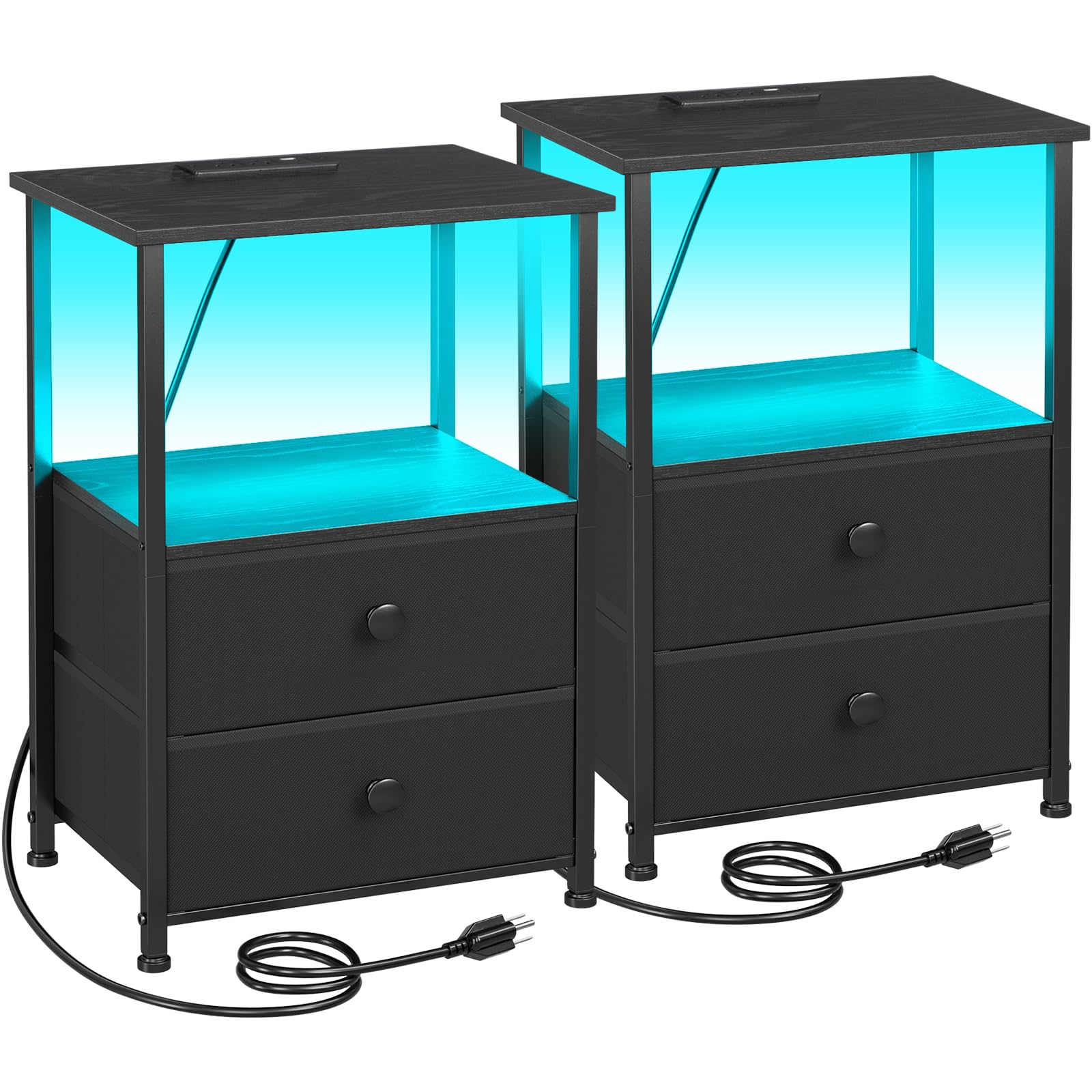 LOAKEKEL Night Stands Set 2, Bedside Table with Charging Station and LED | Night