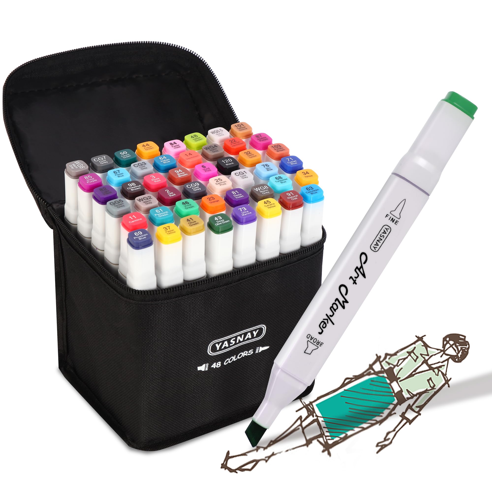 YASNAY Alcohol Markers 48 Colors Dual Tip Fine & Chisel Art Markers Set | Confir