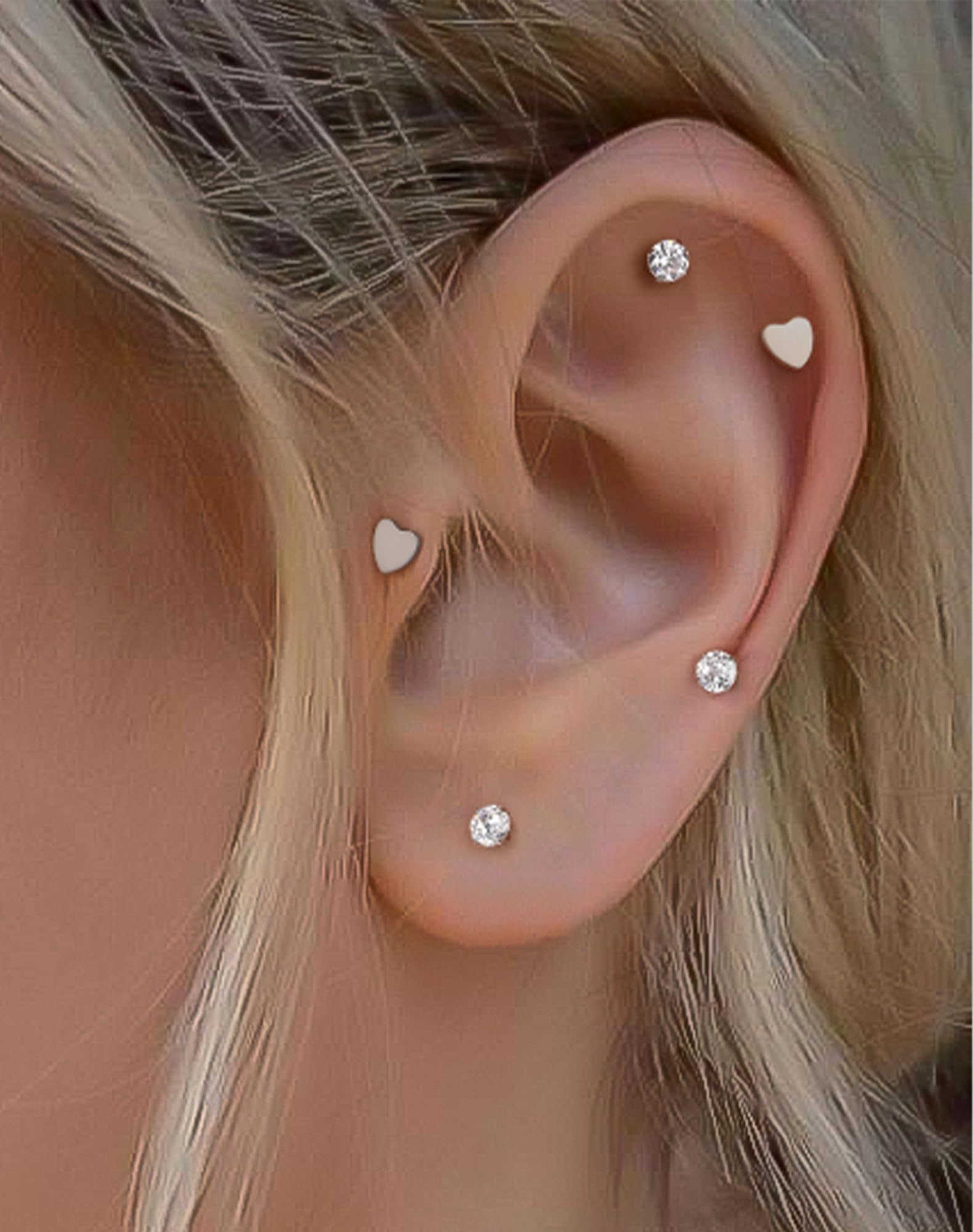 Heart Shaped Stud Earrings Internally Threaded Flat Back with Sparkling Diamonds