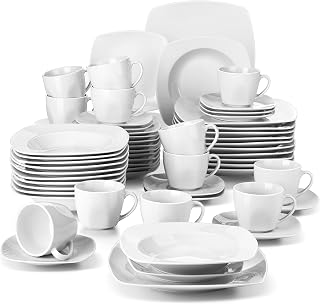 MALACASA 60-Piece Porcelain Dinner Set for 12, Ivory White Crockery Set with Dinner Plates/Soup Plates/Dessert Plates/Cups and Saucers, Ceramic Dinner Service, Dishwasher & Microwave Safe