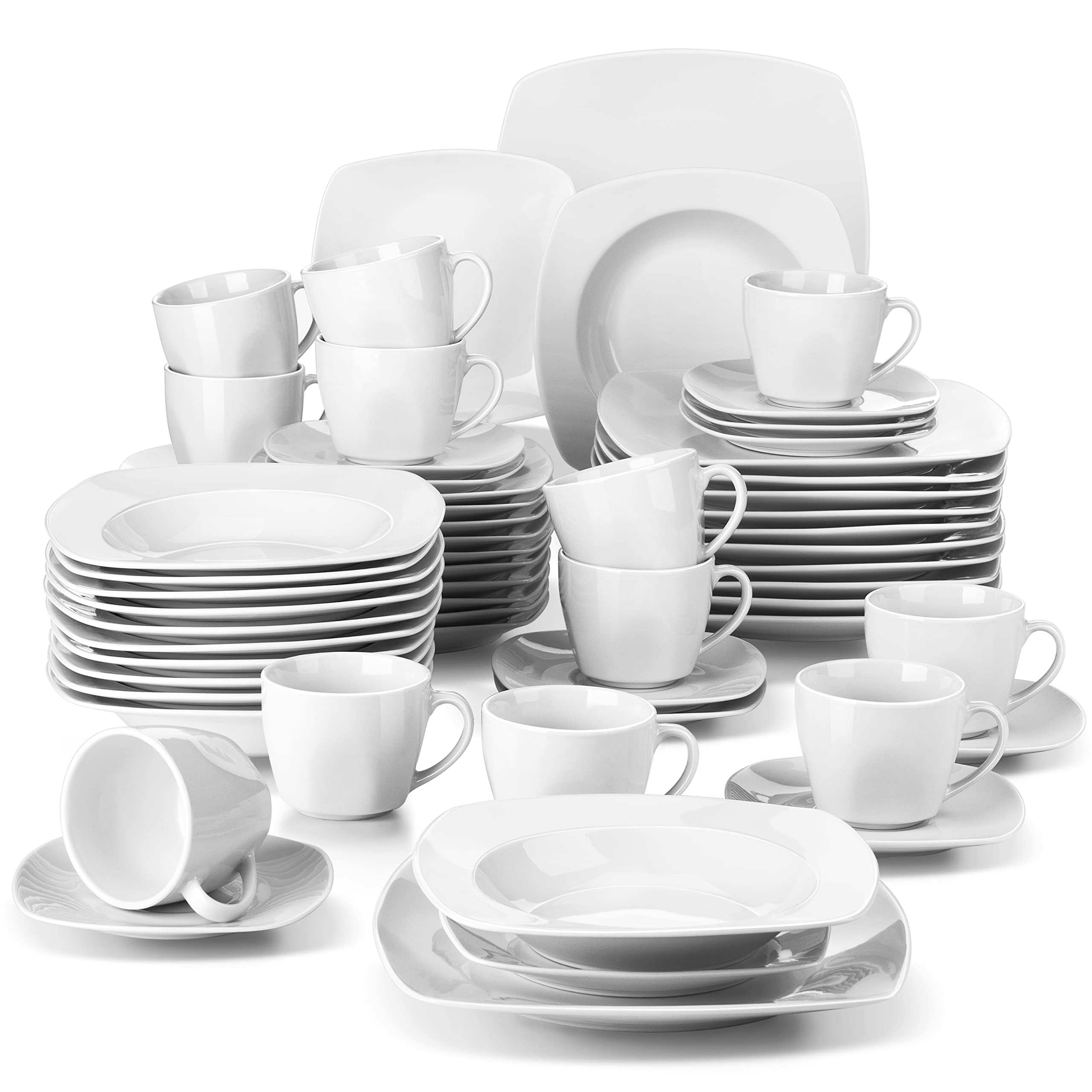MALACASA 60-Piece Porcelain Dinner Set for 12, Ivory White Crockery Set with Din