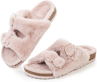 FITORY Womens Open Toe Slippers,Faux Rabbit Fur Cork Slides Sandals