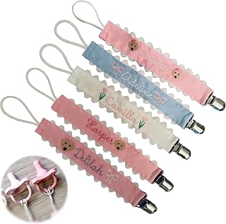 Personalized Pacifier Clip with Name Embroidered Baby Pacifier Holder Binky Clips Custom Paci Clip for Baby Girl Boy Neutral Newborn Pacifier Clips for All Pacifiers Baby Gift