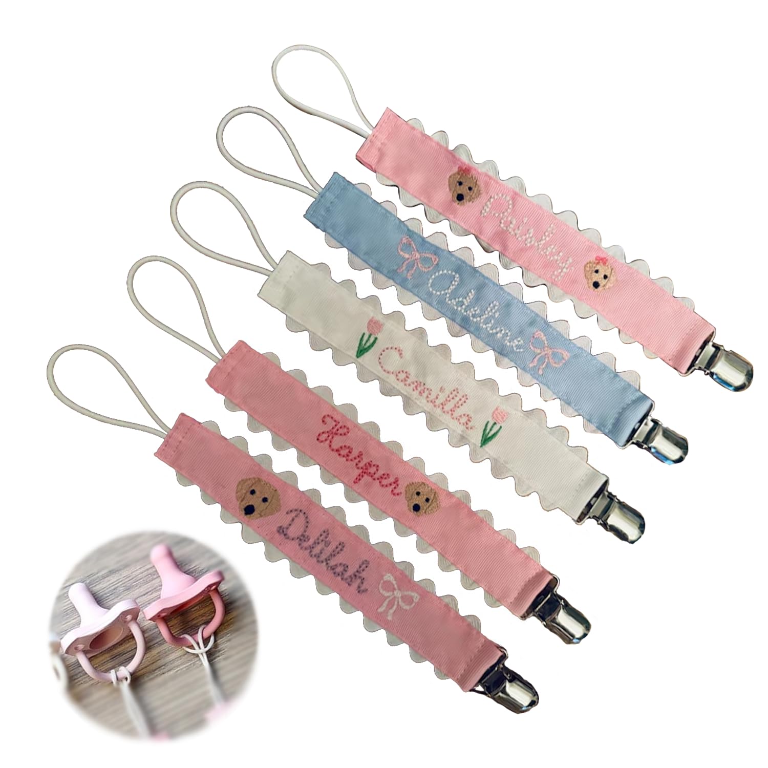 Personalized Pacifier Clip with Name Embroidered Baby Pacifier Holder Binky Clip
