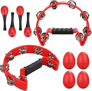 YOUNTHYE 2Pack Half Moon Tambourine Set, Single Row Tambourines for Adults with 4 Egg shakers and 4 Maraca Set, Perfect for Musicians, Singers, Music Classes, Bands