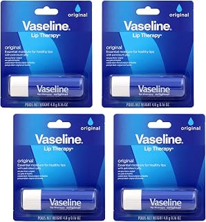 Vaseline Lip Therapy Care Original, Fast-Acting Nourishment, Ideal for Chapped, Dry, Cracked, or Damaged Lips, Lip Balm, 0.16 Ounce (Pack of 4)