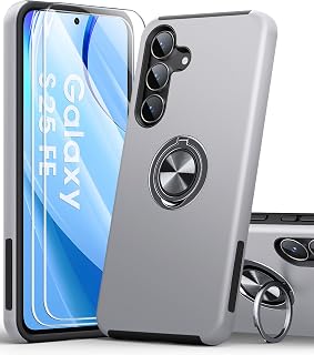 AOUIA for Samsung Galaxy S25 FE Case with 2-Pack Screen Protector, 3-in-1 Set Cover, 360°Rotating Ring Stand, Military Protection, Shockproof Phone Case for Samsung S25 FE, Silver