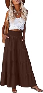 ANRABESS Womens Maxi Skirts, Elastic High Waist A-Line Tiered, Long Flowy Boho Skirts, Summer Casual Beach & Vacation Wear