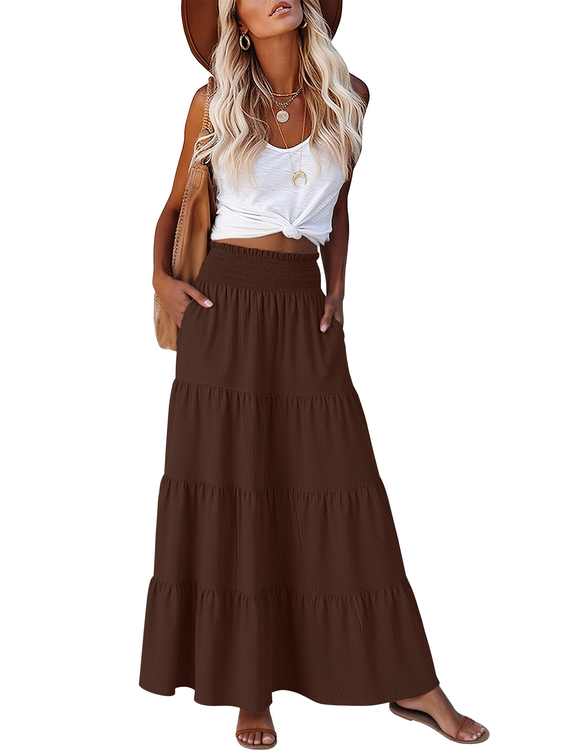 ANRABESS Womens Maxi Skirts, Elastic High Waist A-Line Tiered, Long Flowy Boho S