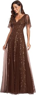 Ever-Pretty Women's Evening Dresses Long Sleeve Ruffle Tulle Leaf Sequins V Neck Chic Burgundy 36