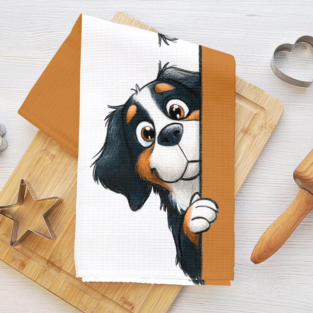 Cartoon Peeking Bernese Mountain Dog Kitchen Towel, Reusable Absorbent Dish Clot