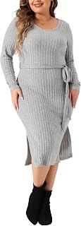 Women's Plus Size Dress Round Neck Long Sleeve Ribbed Side Slit Tie Waist Bodycon Midi Dress 3X Grey