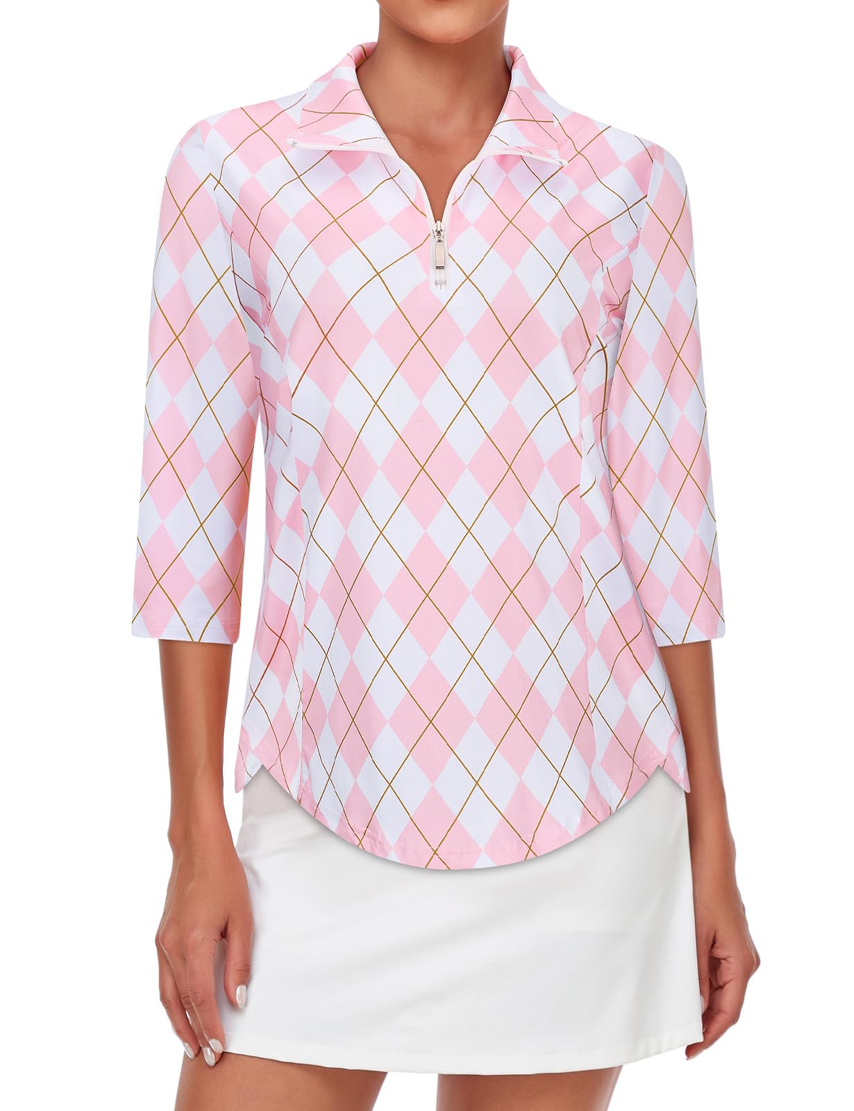 Tanst Sky Womens Golf Polo Shirts Zipper 3/4 Sleeve Moisture Wicking Tops UPF 50