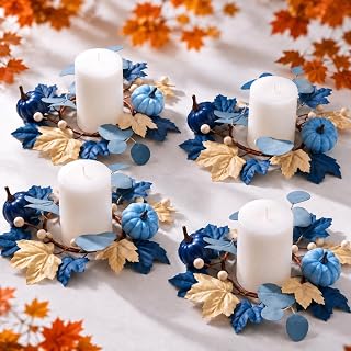 RattanView 4 Pcs 10 Inch Fall Candle Rings Navy Blue White Pumpkin | Thanksgiving Artificial Wreaths Maple Leaves Wreath Fall Table Centerpiece for Autumn Thanksgiving Home Rustic Table Decor
