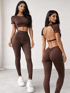 Workout Set for Women 2 Piece Backless Crop Top Seamless High Waist Leggings Gym Yoga Fitness