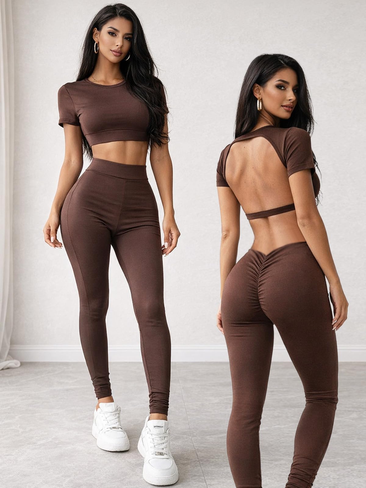 Workout Set for Women 2 Piece Backless Crop Top Seamless High Waist Leggings Gym