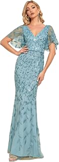 Ever-Pretty 00692 Women's V-Neck Ruffle Short Sleeves Sequins Maxi Mermaid Evening Dresses