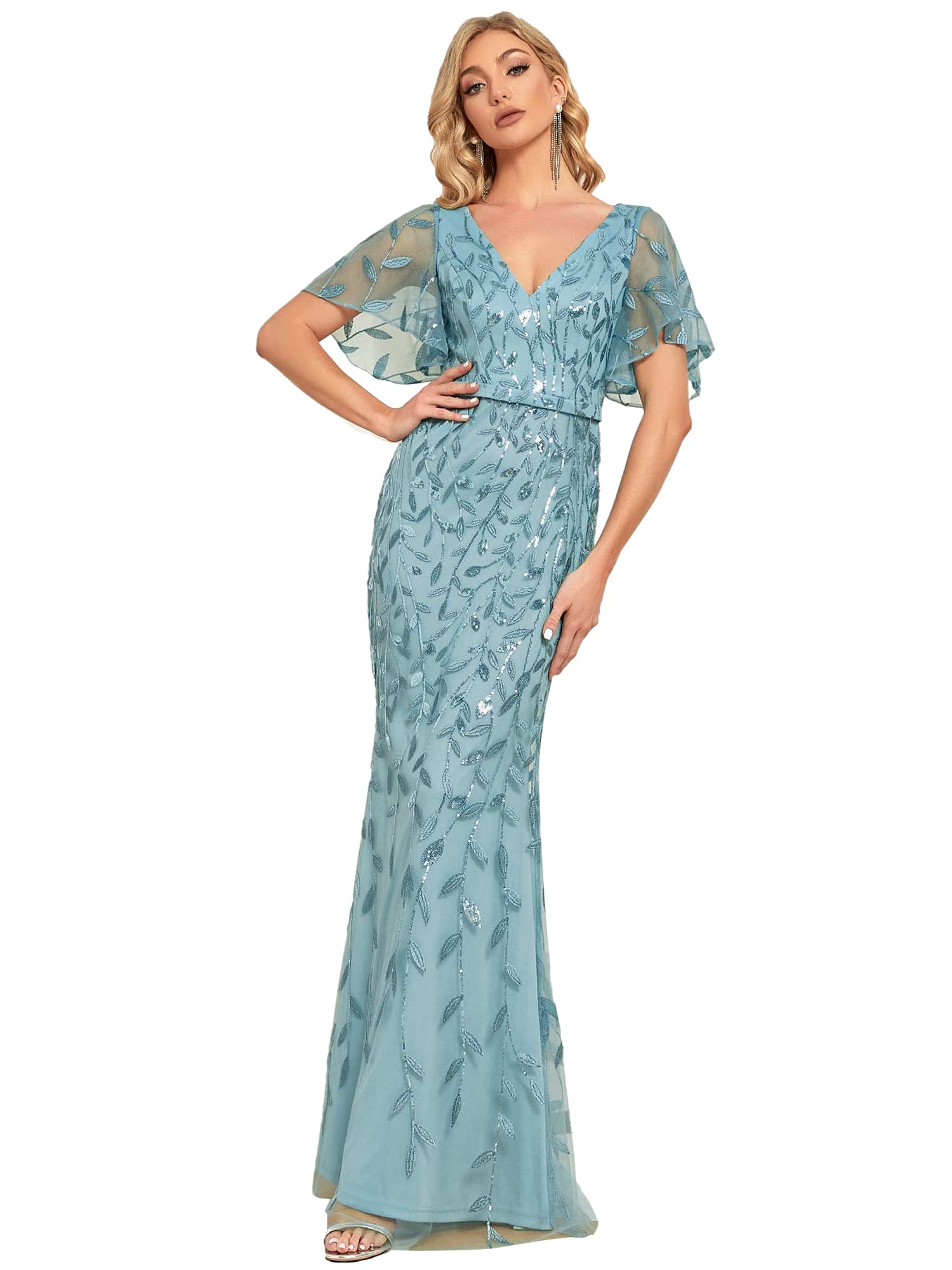 Ever-Pretty 00692 Women's V-Neck Ruffle Short Sleeves Sequins Maxi Mermaid Eveni