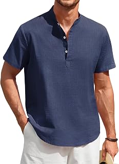 Enlision Men's Linen Short Sleeve Mao Collar Shirt Summer Men Lightweight Cotton Linen Beach Shirt Classic Casual Henley Shirt S-4XL