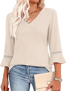 WIHOLL Womens Blouses Dressy Casual 3/4 Length Sleeve Tops Lace Trendy 2026 Spring Summer V Neck Shirts Vacation Outfits