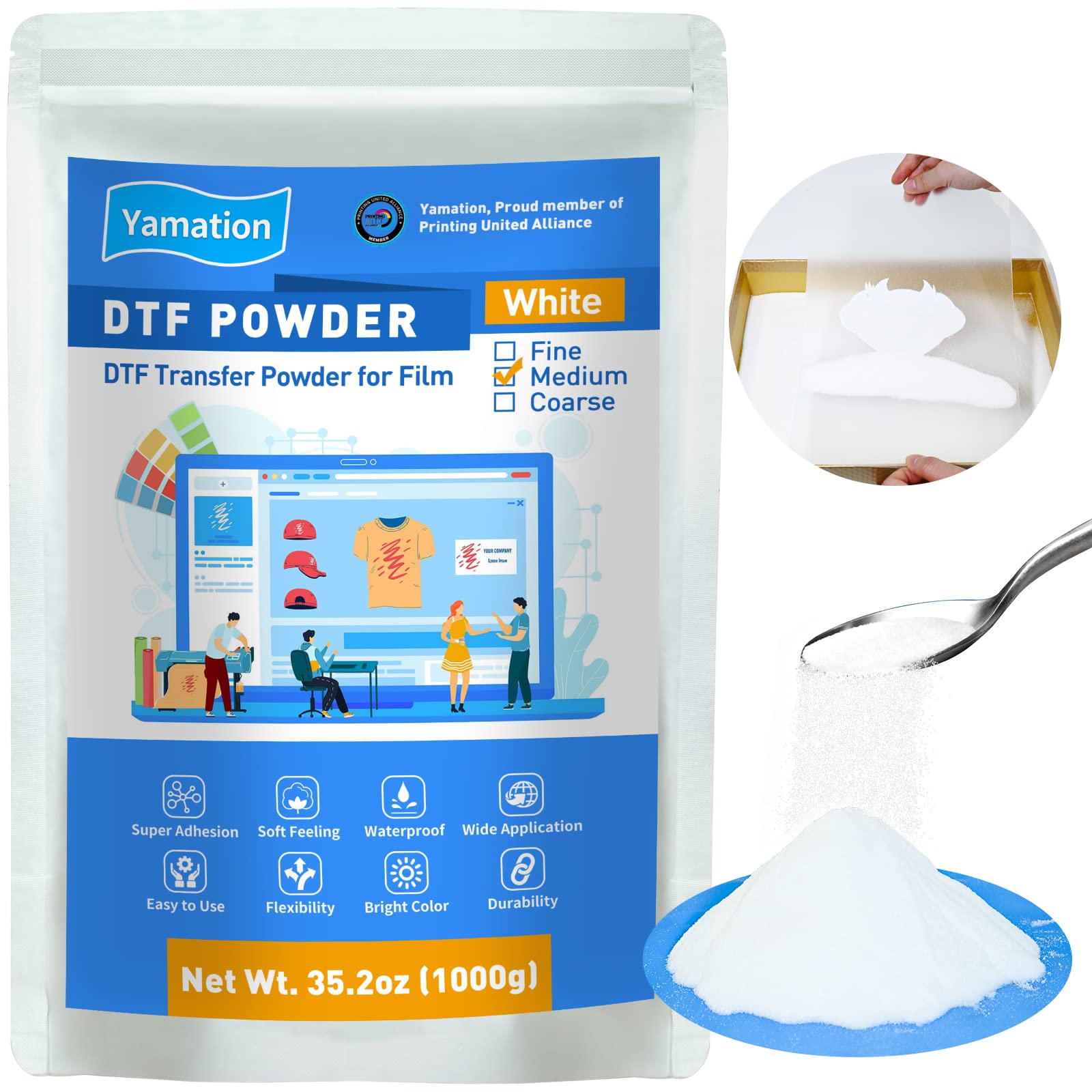 Yamation DTF Powder 1000g (2.2 lbs) - White DTF Transfer Powder Hot Melt Adhesiv