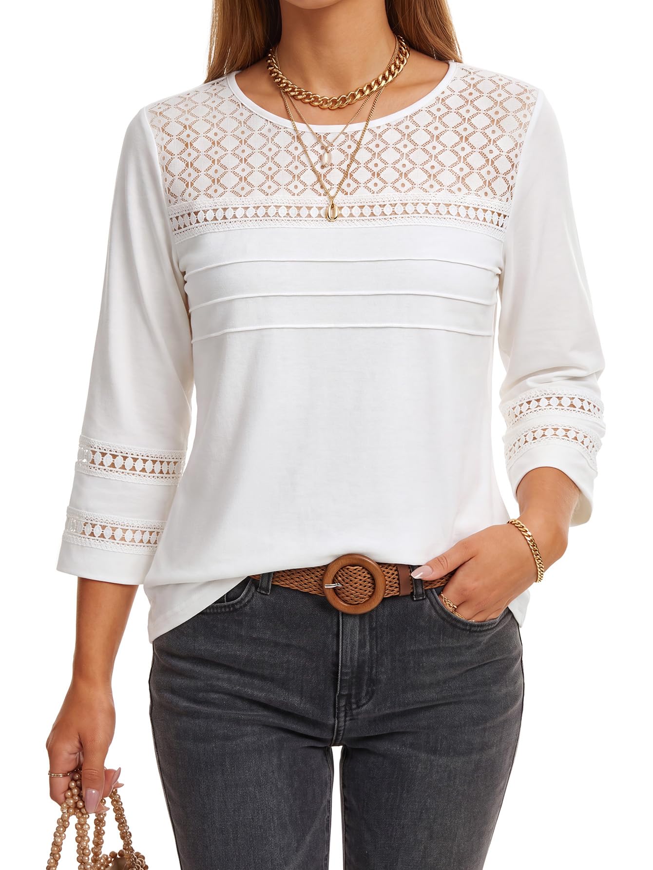 LYANER Damen-T-Shirt, plissiert, ausgestanzt, Spitze