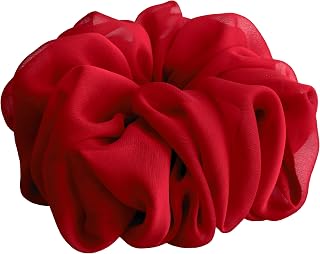 38 Colors Available, Soft Sheer Chiffon Big Hair Scrunchies (Red) | Handmade 7 inches, Jumbo Voluminous Ponytail Holder for Women, Teen, Large Hair Tie, Gift-Ready Stylish Holiday Accessory.