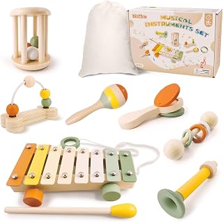 Wooden Musical Instruments for Toddlers 2 3 Years Old Storage Bag Included | 7PCS Montessori Musical Toys with Unique Pull-along Xylophone Maracas Gift for Girls Boys Kids