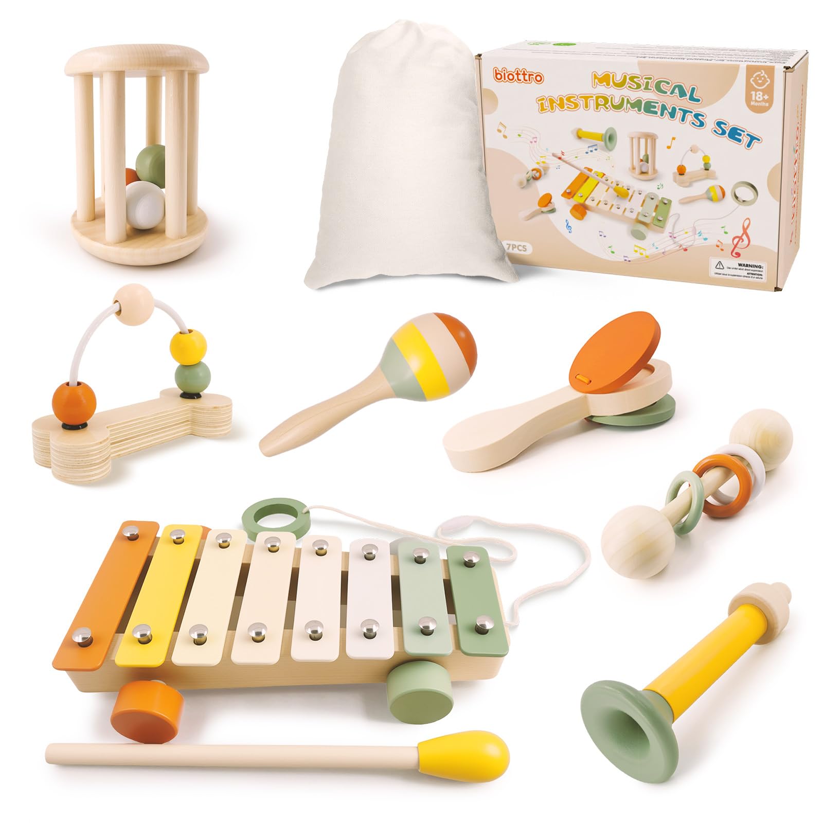 Wooden Musical Instruments for Toddlers 2 3 Years Old Storage Bag Included | 7PC