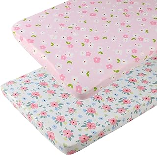 Onacosht Pack n Play Sheets 2 Pack for Baby Girl, Pink Floral | Mini Crib Sheets Fitted, Playard Fitted Sheet, Compatible with Graco Pack n Play Mattress, Soft, Breathable, Stretchy