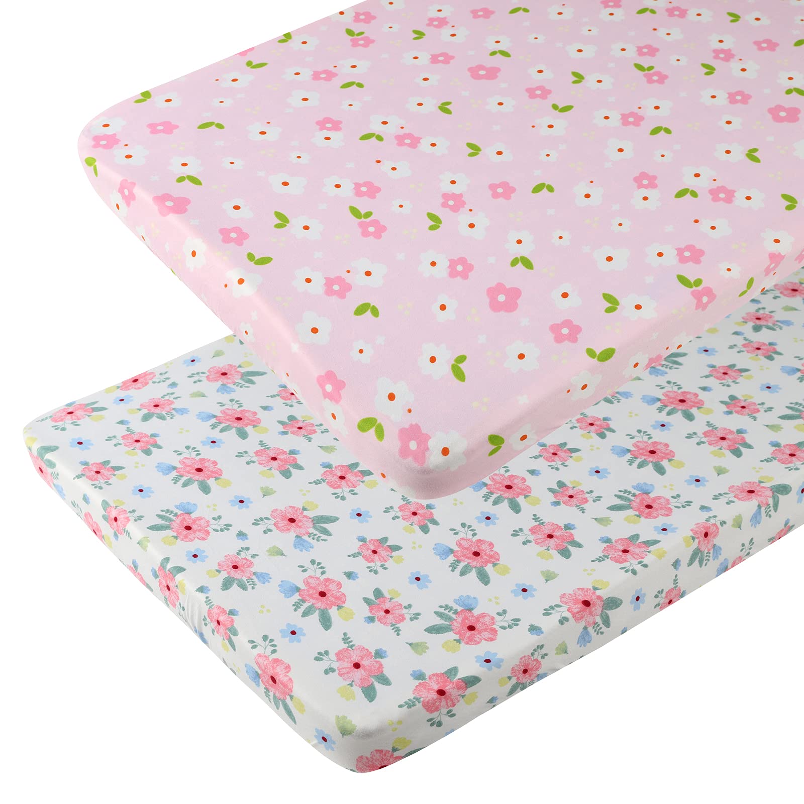 Onacosht Pack n Play Sheets 2 Pack for Baby Girl, Pink Floral | Mini Crib Sheets