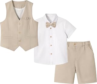 LOLANTA 4PCS Summer Wedding Suit for Children, Set of Vest and Shorts Linen for Children, Baptism Clothes Ceremony Party, Vest+Pants+Shirt+Bow Tie