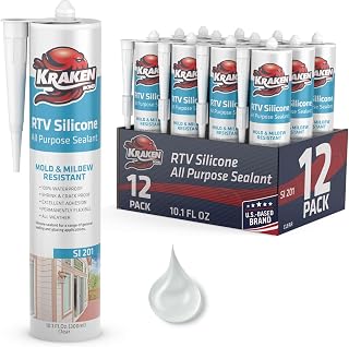 Kraken Bond RTV Silicone Sealant Clear (12 x 10.1 fl.oz.)%100 Waterproof Silicone Caulk Kitchen and Bathroom, All Purpose, Window Caulking Sealant Outdoor, RV, 12 Pack