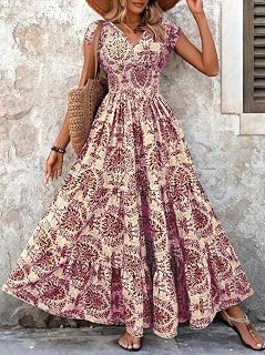 Vintage Printed Dress,Elegant V Neck Short Sleeve Maxi Dress