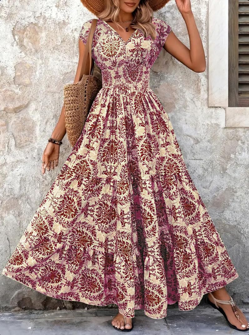 Vintage Printed Dress,Elegant V Neck Short Sleeve Maxi Dress