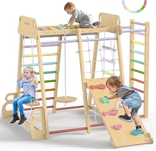 BlueWood Upgraded Indoor Jungle Gym 9-in-1 Playground Kids Climbing Toys | Waldorf Style Wooden Climber Playset with Slide, Swing, Monkey Bars, Upright/Rope Ladder, Climb Net, Rainbow