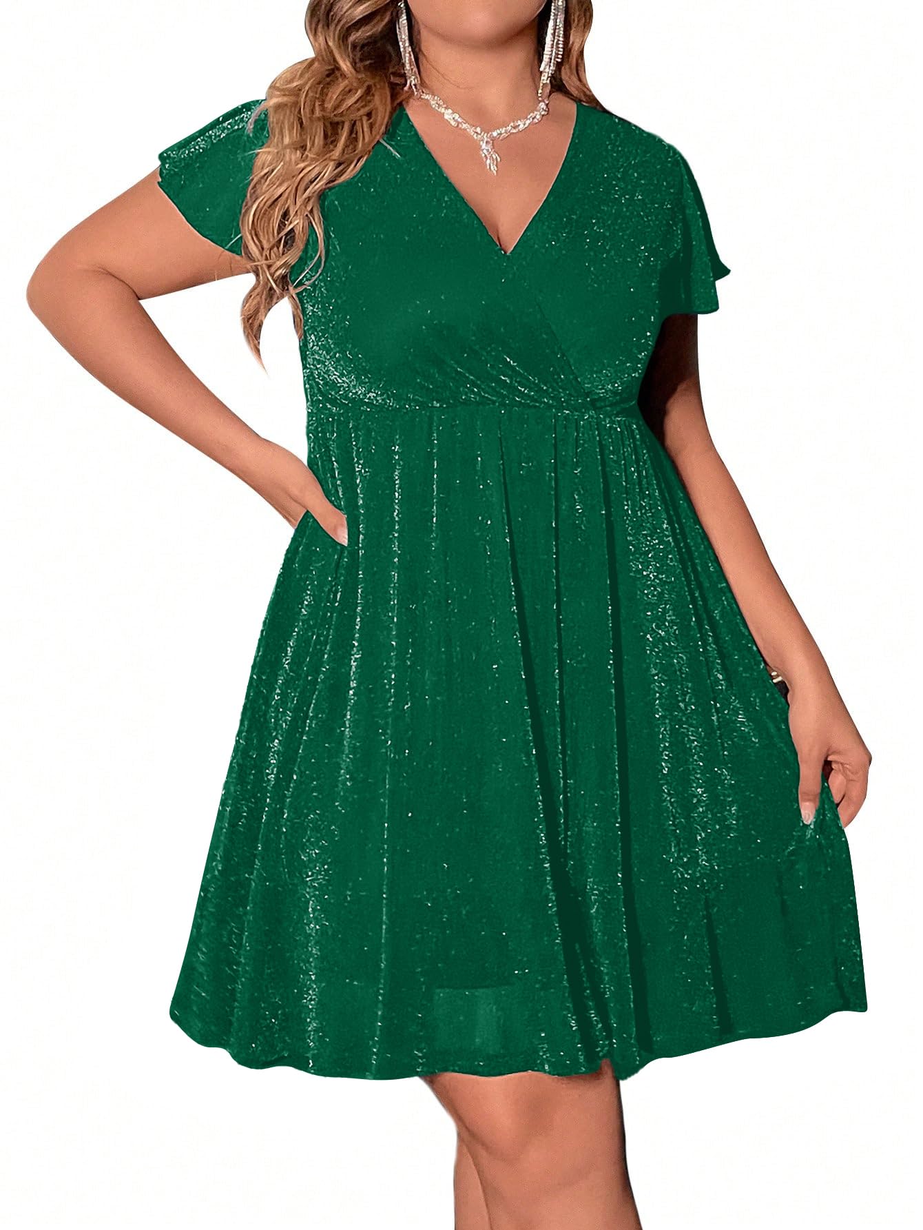 Floerns Women's Plus Size Glitter Wrap V Neck Short Sleeve Party A Line Dress