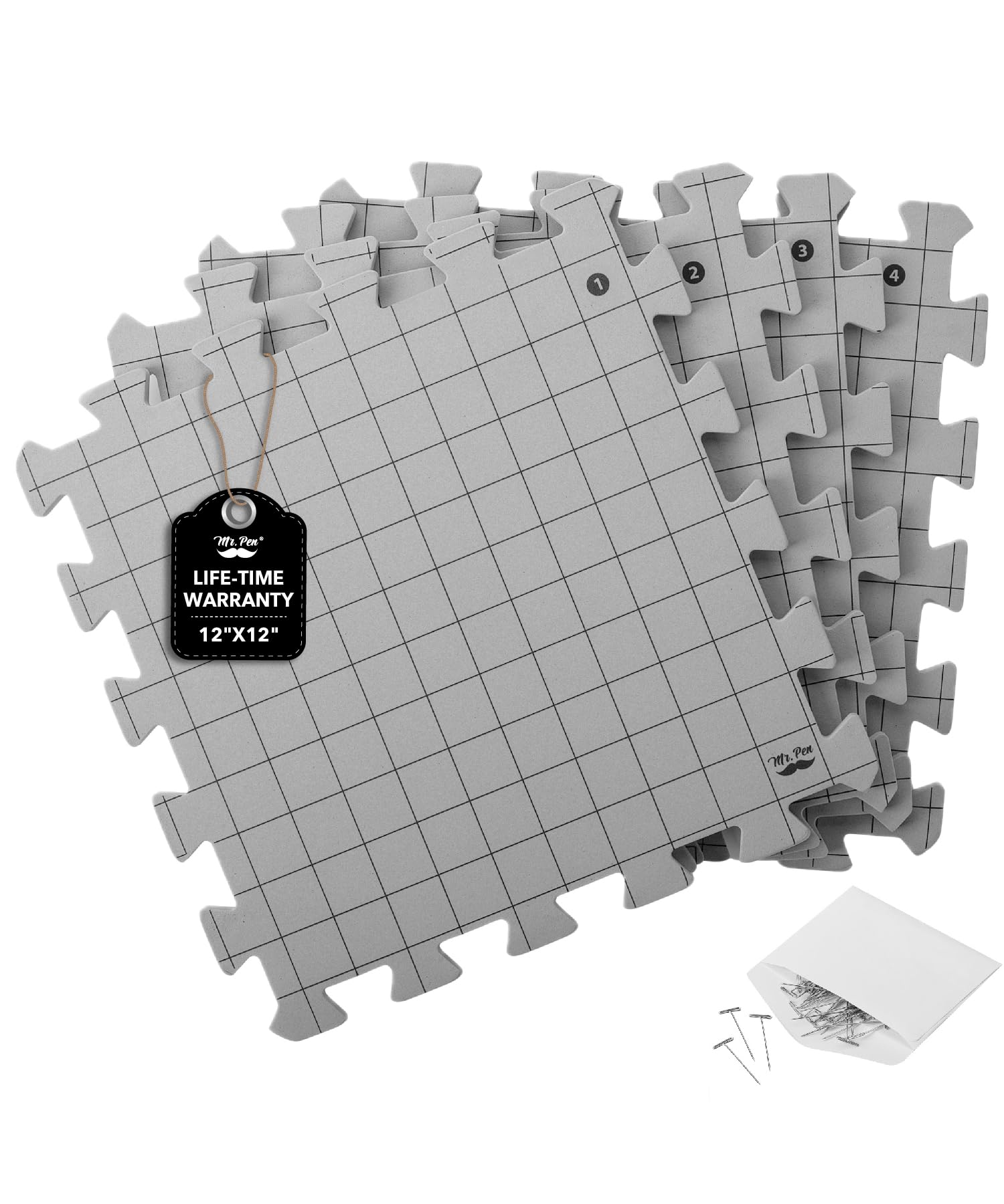 Mr. Pen- Interlocking Blocking Mats, 12” x 12”, 4 Pack with 50 T-Pins | For Knit