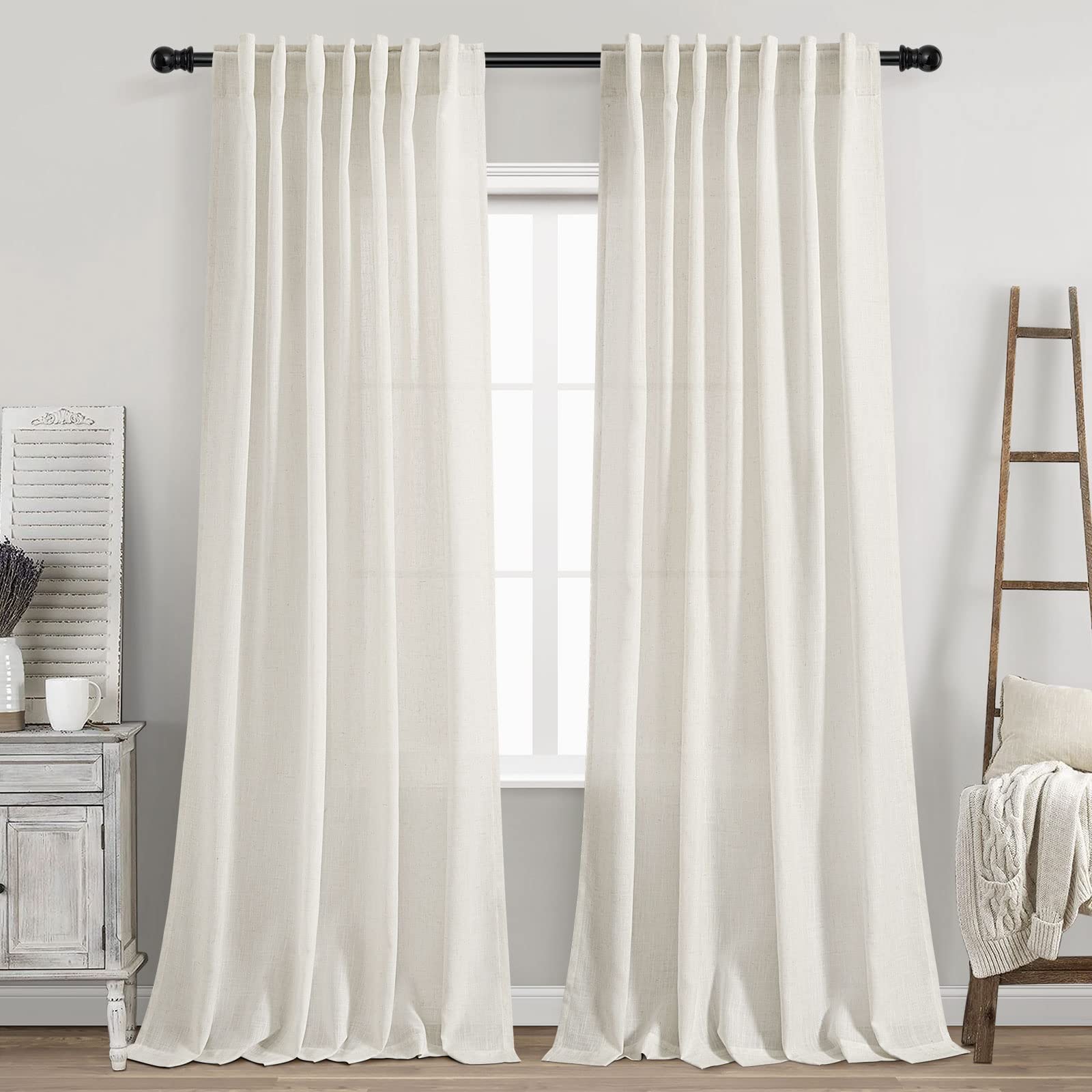 Cream Linen Back Tab Curtains 84 Inch Length for Living Room 2 Panel Set Neutral