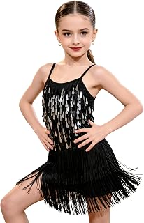 LOLANTA Traje de Baile con Flecos de Lentejuelas para Niñas, Conjunto de Baile Latino para Niños Salsa Rumba, Brillantes Minivestido Flecos de Baile Sin Mangas con Pantalón Corto