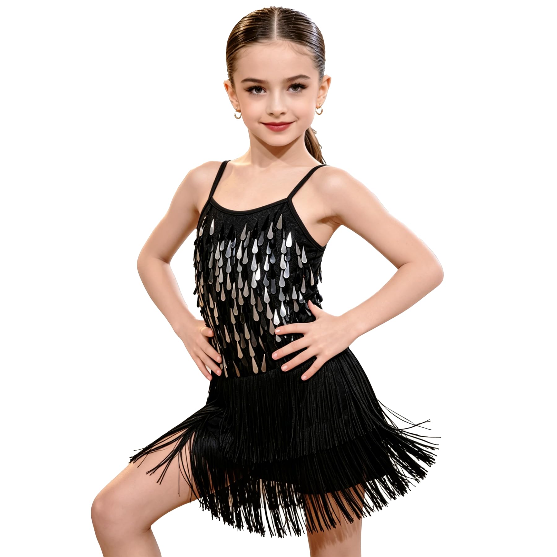 LOLANTA Traje de Baile con Flecos de Lentejuelas para Niñas, Conjunto de Baile L