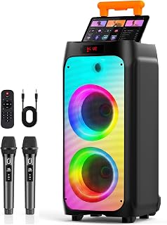 24”Karaoke Machine For Adults, 600W Peak,Dual 8"Woofer, Loud&Powerful Sound | Telescoping Handle & Wheels, Feedback-Resistant Mics, Full-Panel RGB, Bluetooth&TV Connection for Outdoor Parties&Gatherings