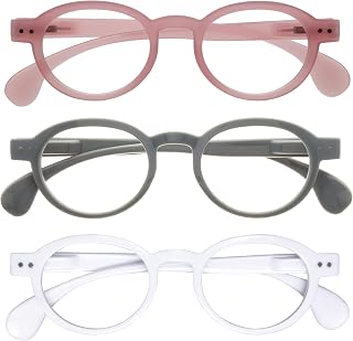OPULIZE OCA Reading Glasses – Modern Retro Round Frame – Men and Women – Spring Hinges, 3 Pack - Transparent Pink / Grey / White, One size